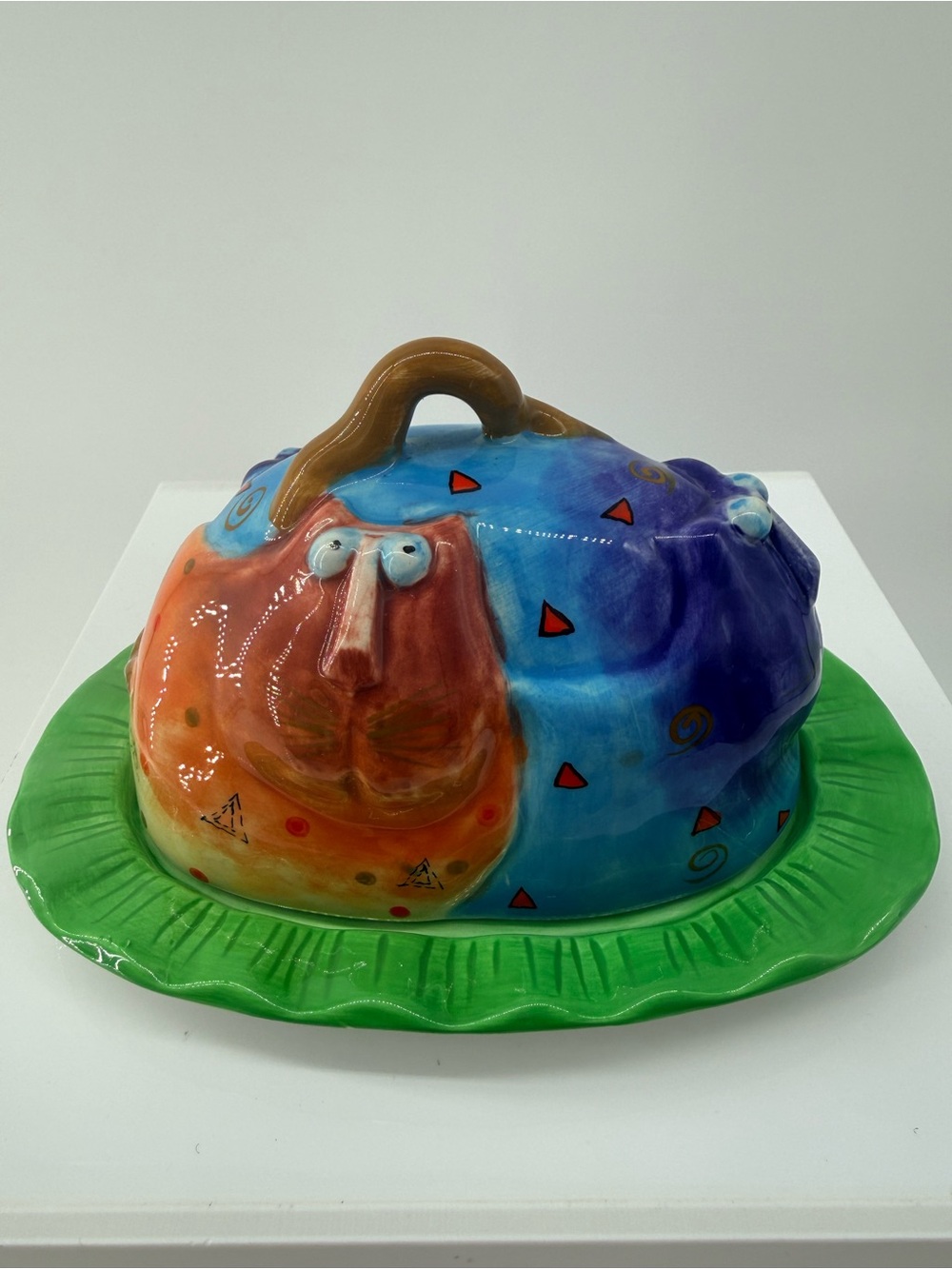 Hand-Painted Multicolor Ceramic Covered Butter Dish - Green Base